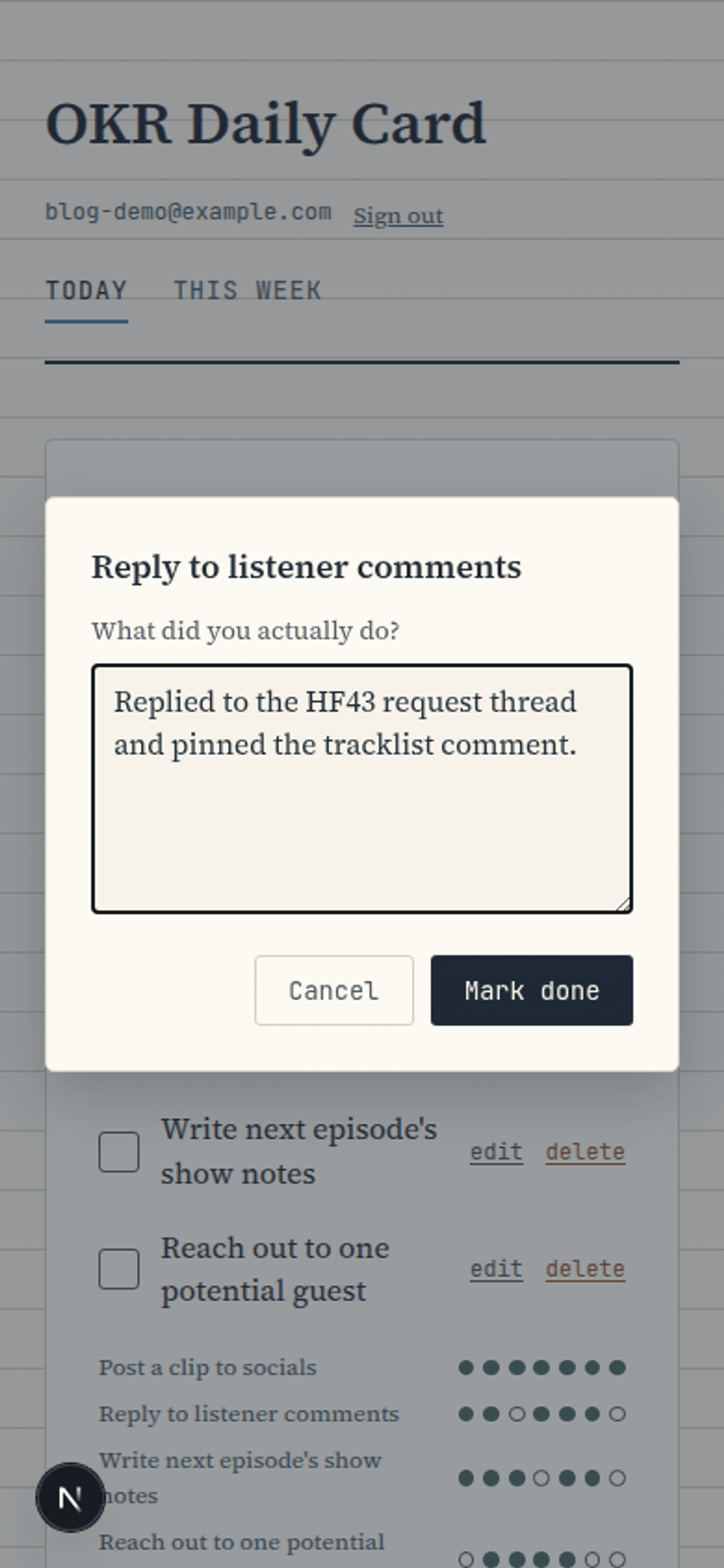 OKR Daily Card mobile view, with the note-taking modal open over a completed action