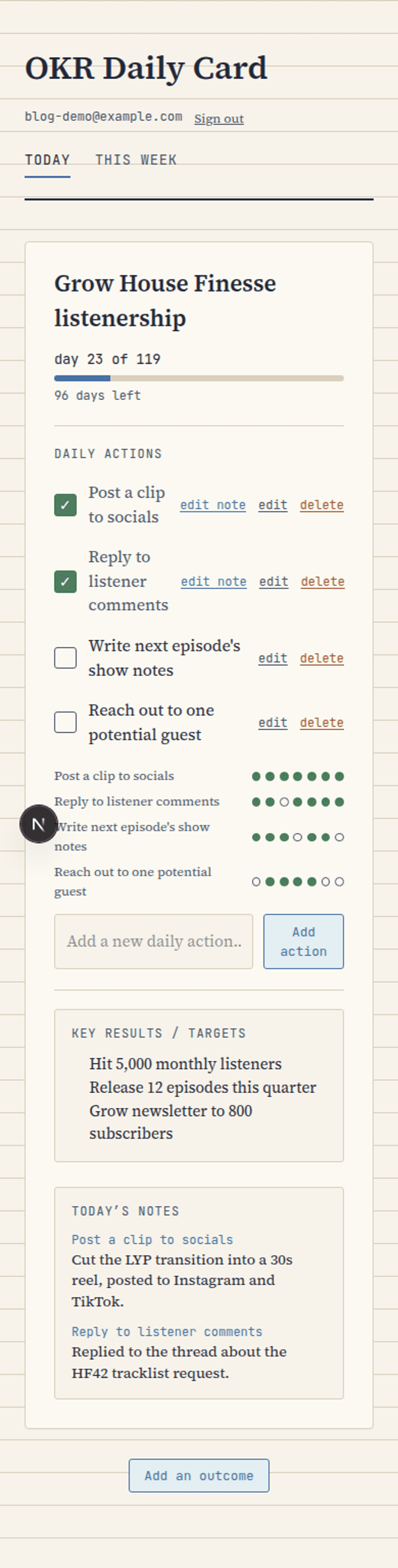 OKR Daily Card page, panned to show the full page top to bottom