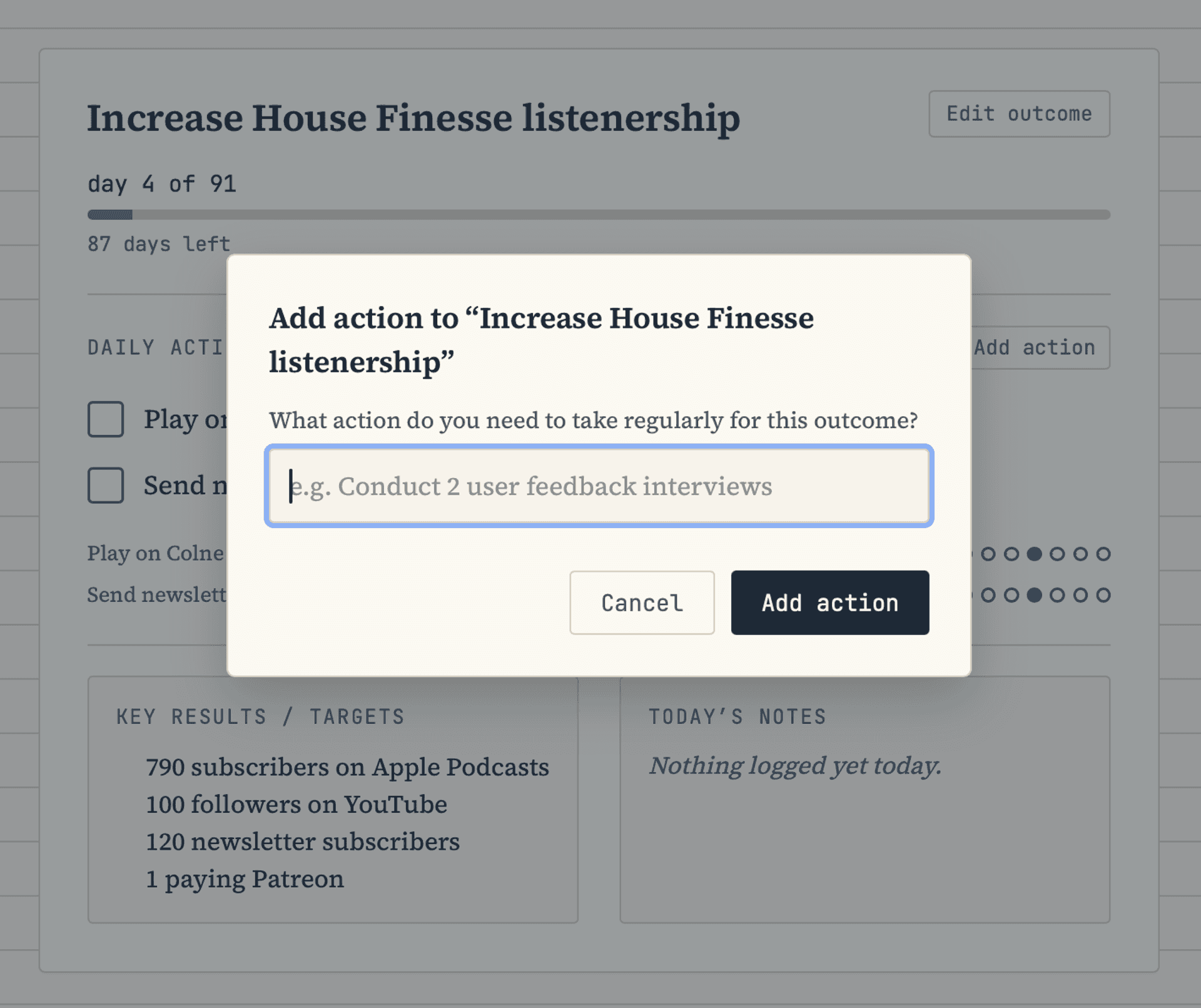 OKR Daily Card's new Edit outcome button and Add action modal, shown on the House Finesse listenership outcome