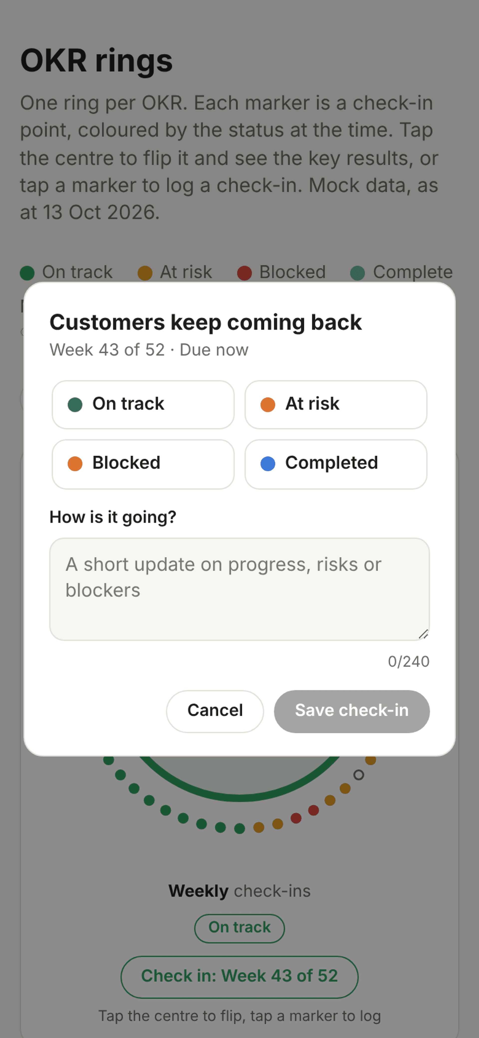 The check-in dialog on a phone, with On track, At risk, Blocked and Completed options and a short note field
